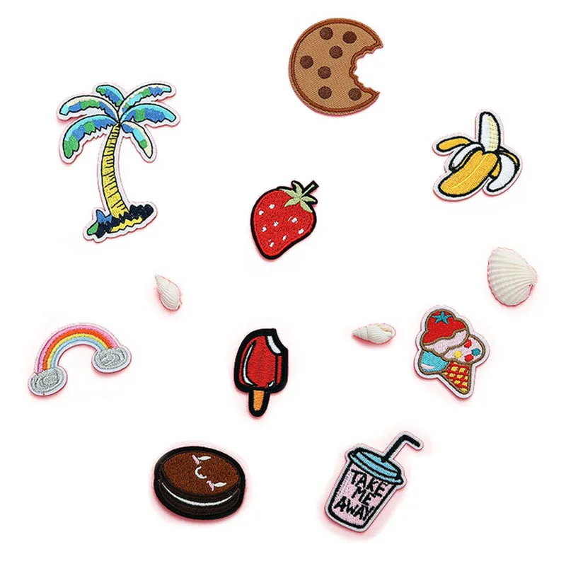 

100pcs/lot Small Embroidery Patches Drink Biscuits Rainbow Coconut Backpack Clothing Decoration Iron Heat Transfer Applique