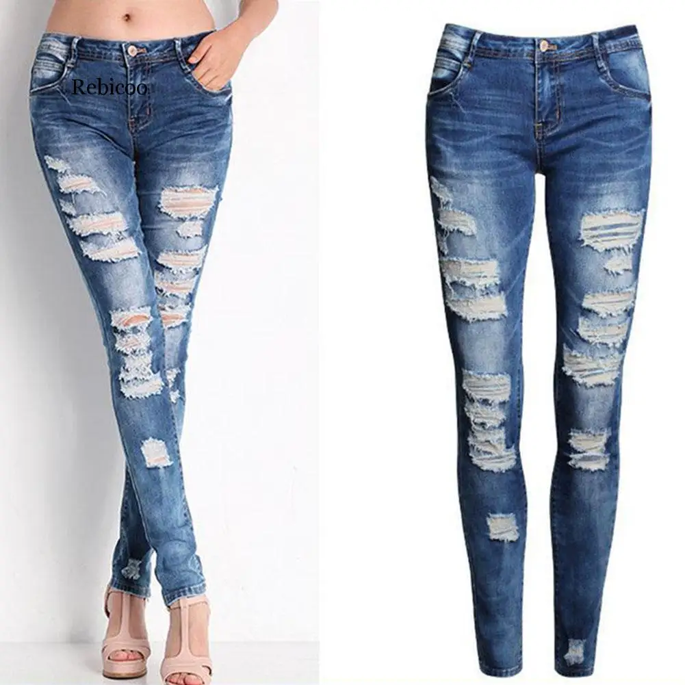 

New Blue Jeans Pancil Pants Women High Waist Slim Hole Ripped Denim Jeans Casual Stretch Trousers Jeans Pants for Women