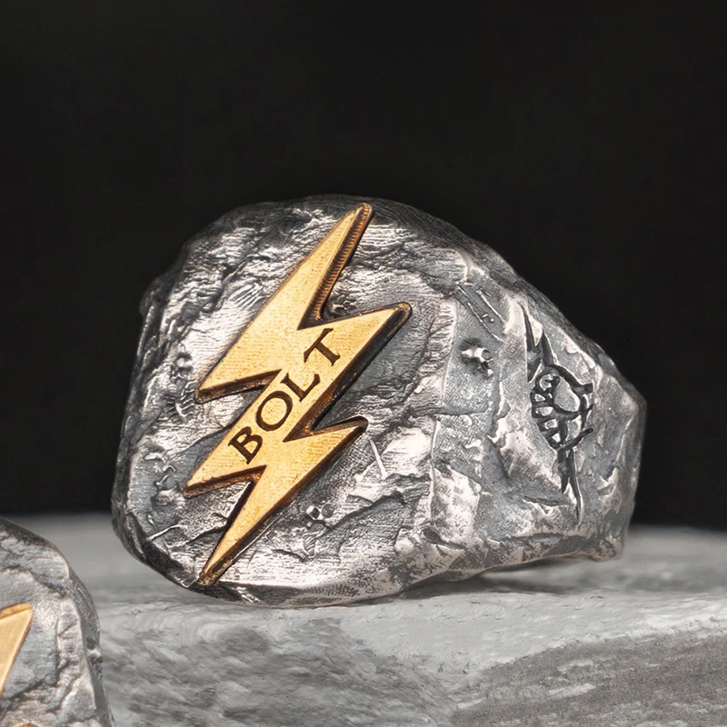 Lightning Bolt Silver Ring BOLT Textured Contrast Design Trendy Fashion Jewelry for Men and Women