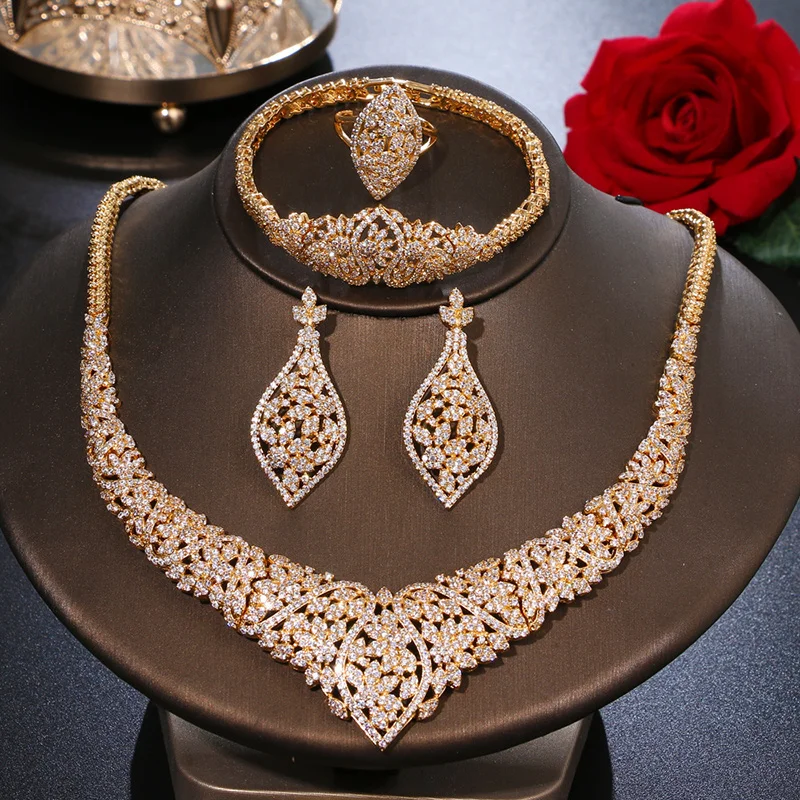 Ekopdee Luxury Dubai Bling Cubic Zirconia Bridal Wedding Jewelry Set For Women Crystal Necklace Earrings Party 2022 New