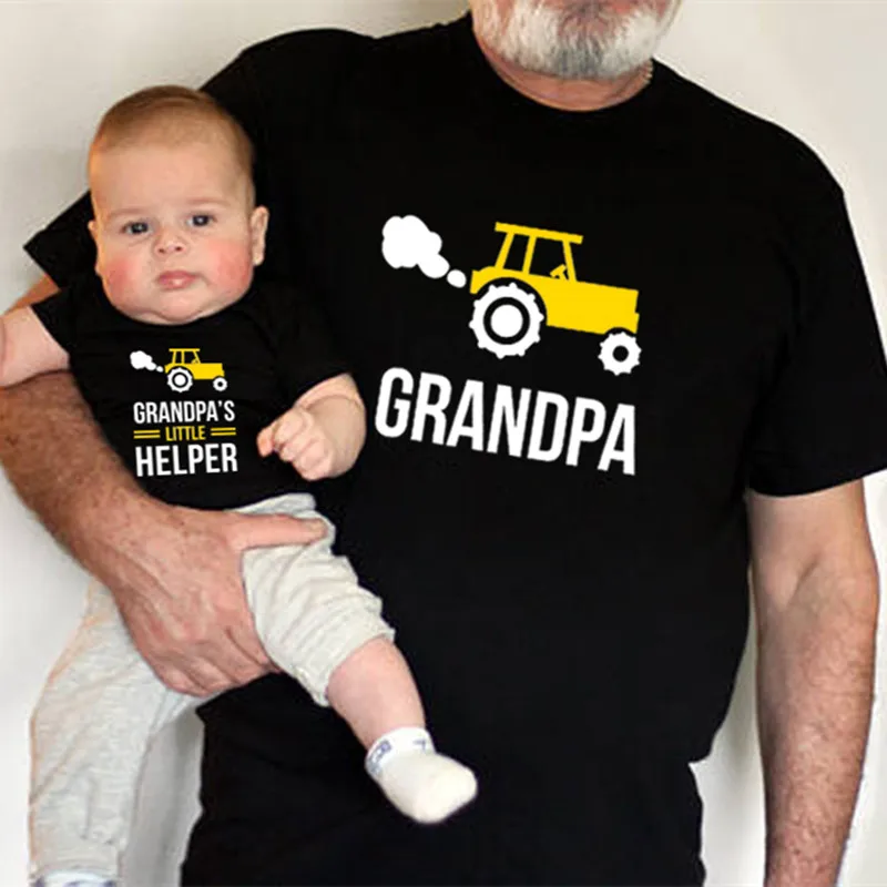 I Love My Grandpa and Grandson Family Matching Clothes Black T-shirts Cotton Short Sleeve Matching Family Look Outfits