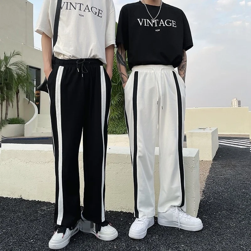 

Style Korean Wide Leg Pants Black White Sweatpants Men 2022 Summer Loose Fashion Harajuku Straight Trousers Joggers Streetwear