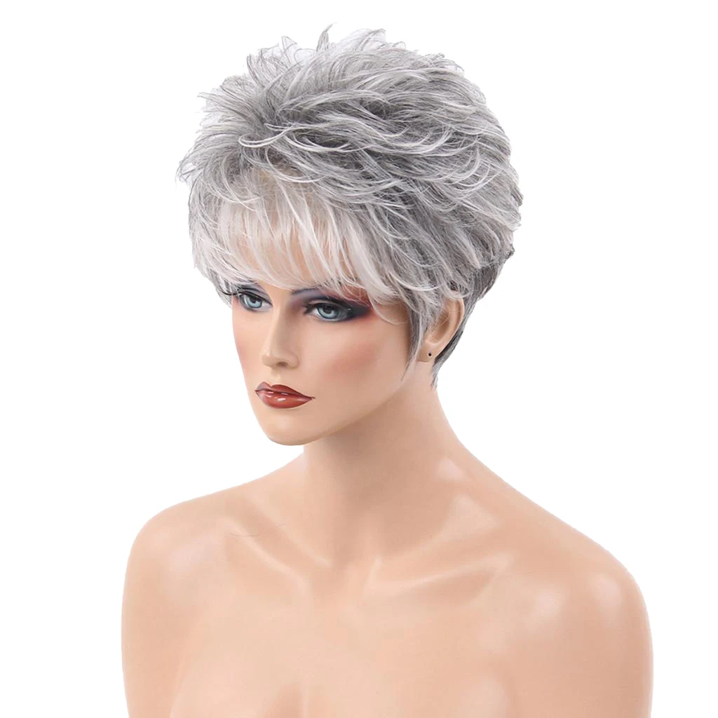 Natural White Gray Straight Short Human Hair  Wigs Women's Fashion Wig