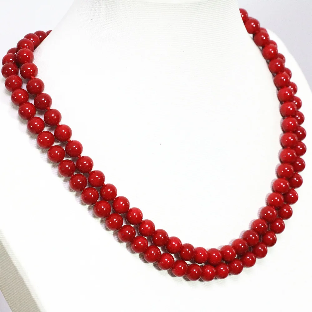 Fashion Delicate imitation red coral round beads necklace 8 10 12mm pretty women party fit clothes long chain jewelry 36inch G88