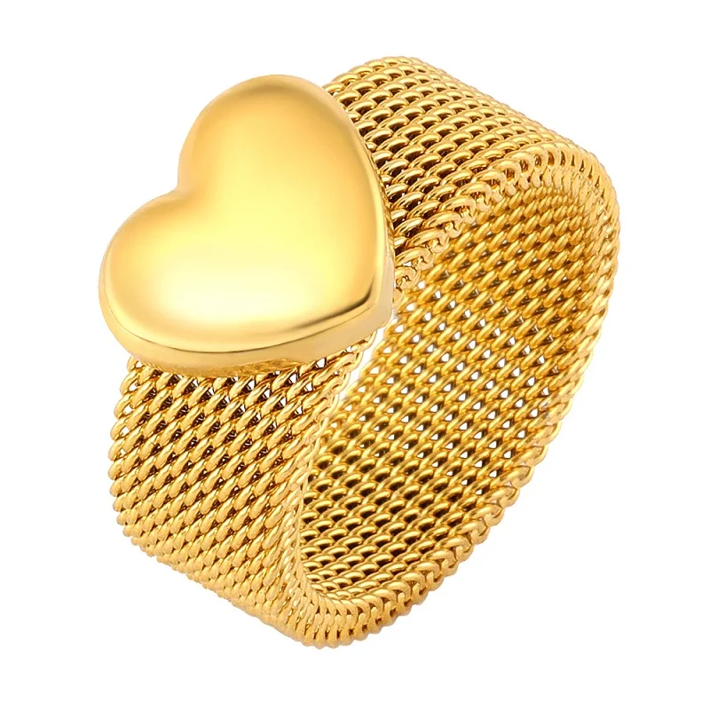 Fashion Love Heart Mesh Rings Charm Reticulate Shiny Stainless Steel Round OL Finger Ring For Men Women Wedding Party Jewelry