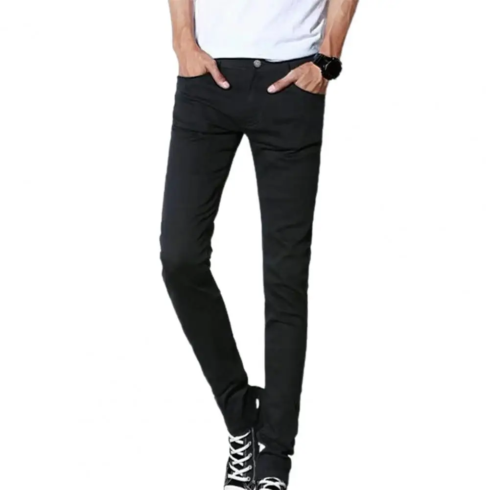 Men Jeans Solid Color Thermal Plush Slim Full Length Trousers 2021 Winter Denim Pants Streetwear