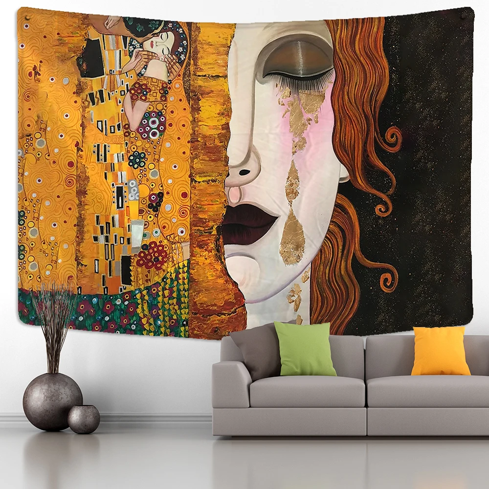 Gustav Klimt Oil Painting Tapestry Wall Hanging Kiss Of Gold Abstract Art Decoration Polyester Blanket Yoga Mat Home Bedroom Art