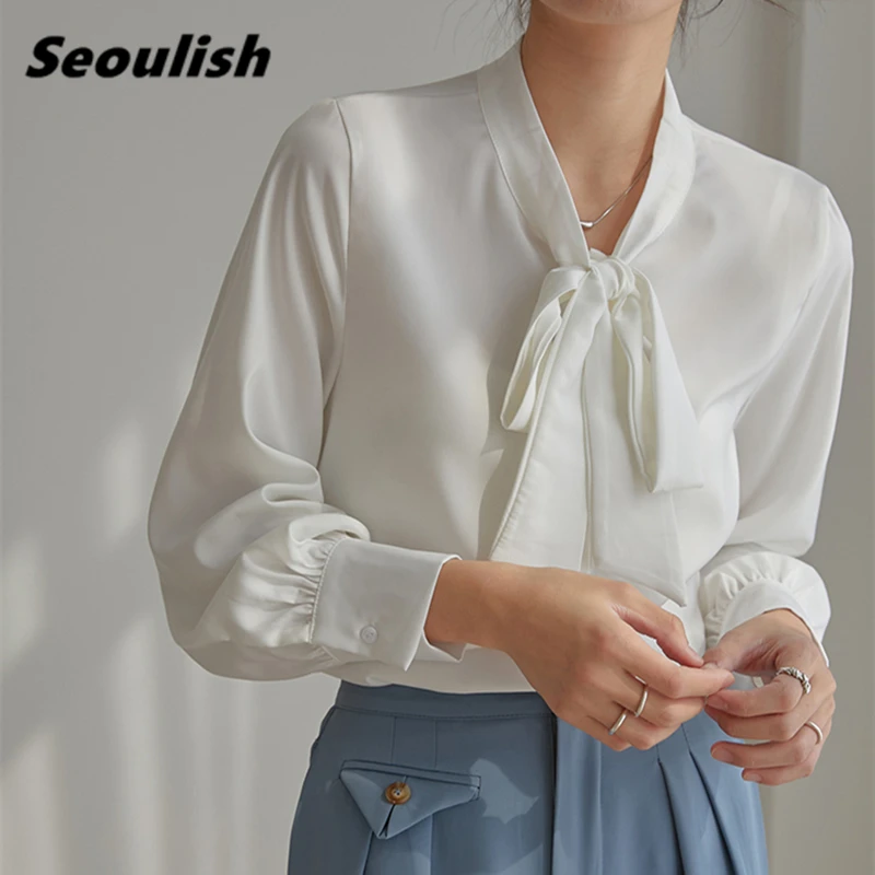 Seoulish Elegant Satin OL Style White Women Bow Blouse 2021 Spring Autumn Single Breasted Turn-down Collar Office Shirts Female