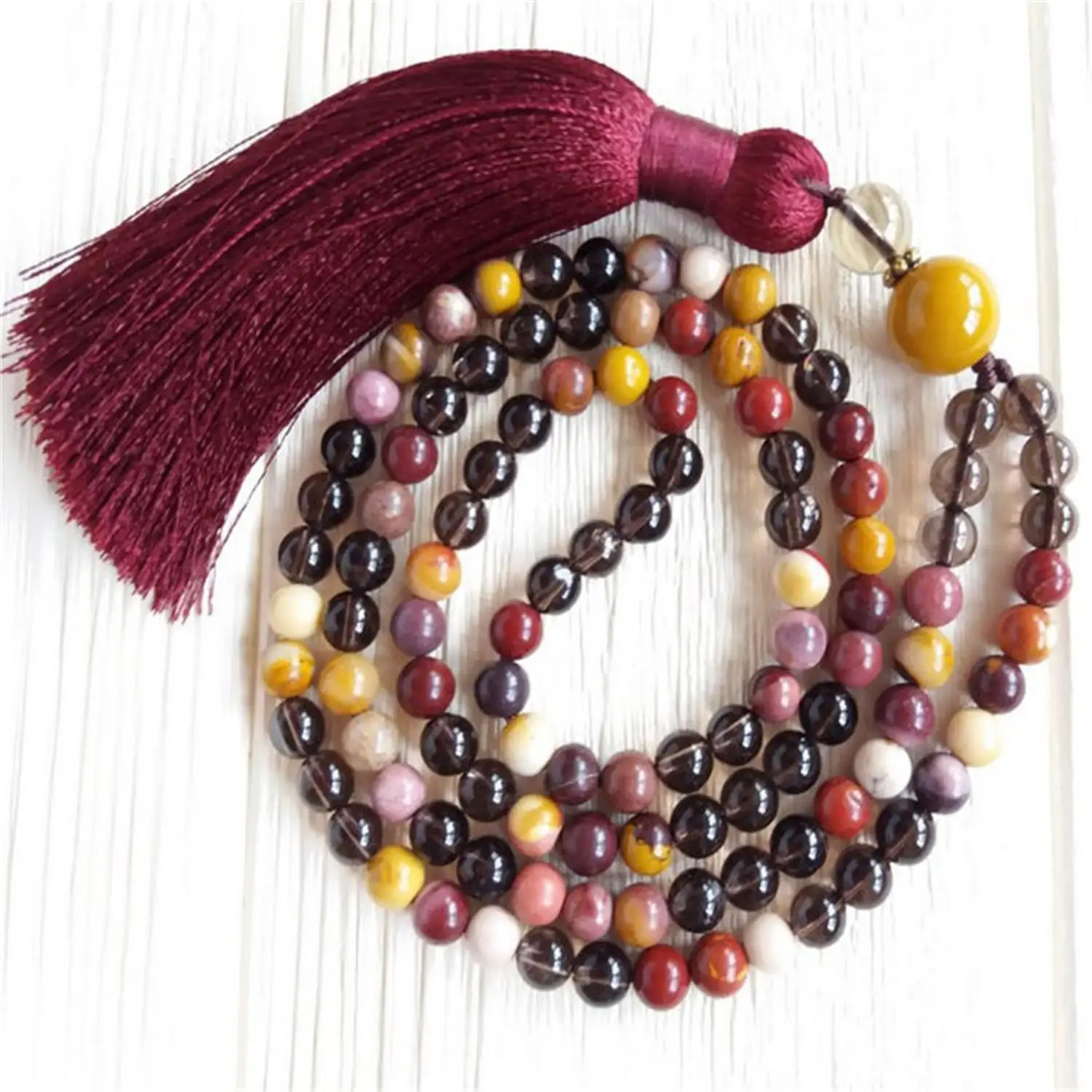 

6mm 108 Mookaite Jasper Smoky Quartz Gemstone mala Necklace Bless Yoga Mala Spirituality Reiki Lucky Ruyi Prayer