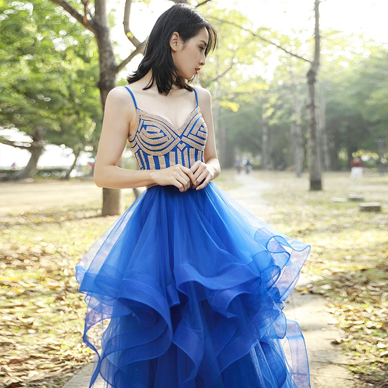 Vestido de noche largo de tul con cuello en V para mujer, vestido de fiesta de lujo con lentejuelas, tirantes finos, color azul y rosa, 2020