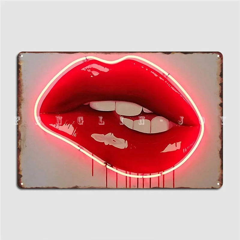 Neon Lip Biting Tapestry Metal Sign Club Bar Cave Design Plaques Tin Sign Poster