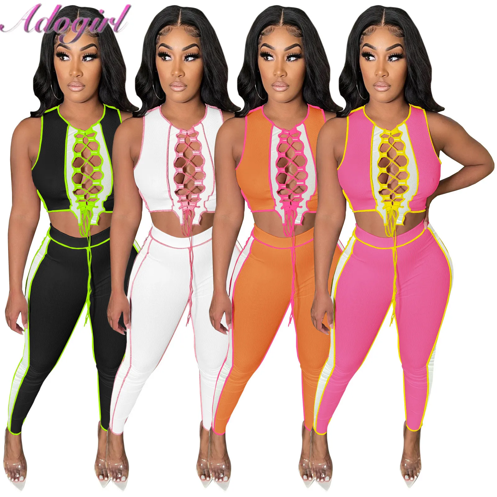 Women Sport Tracksuit Yoga Two Piece Set Solid Hollow Out Bandage Vest Crop Top Leggings Pants Suit Outfit Summer Matching Set