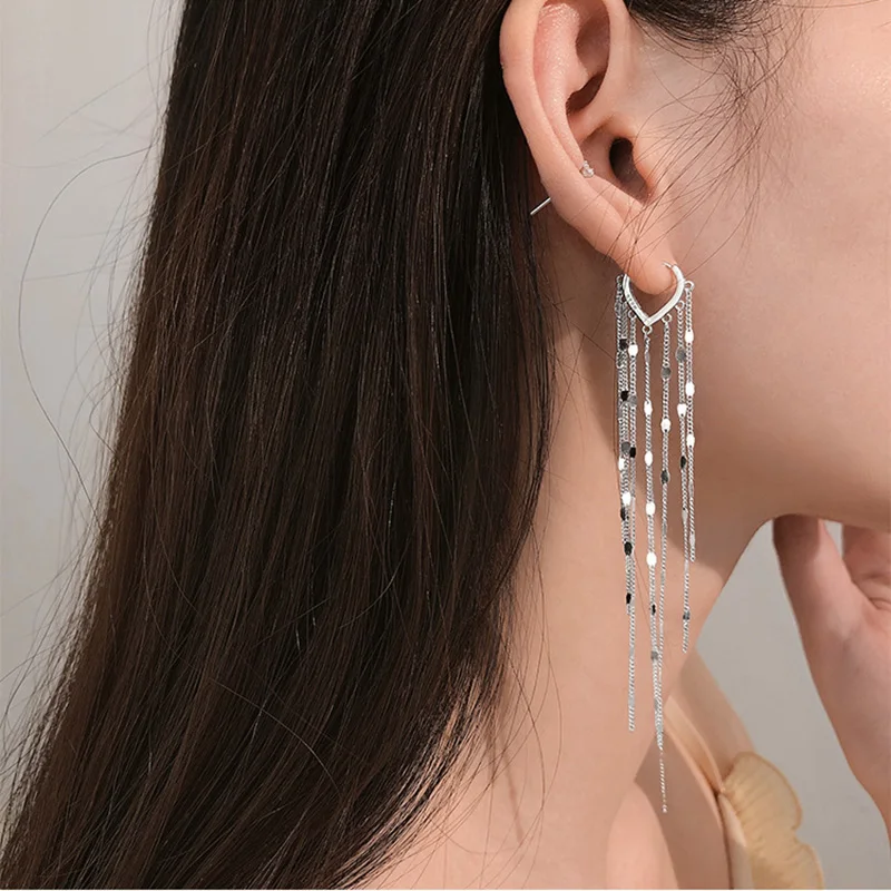 925 Sterling Silver Light Luxury Long Tassel Hoop Earrings Female Temperament Love Heart Gorgeous Handmade Jewelry Wedding Gift