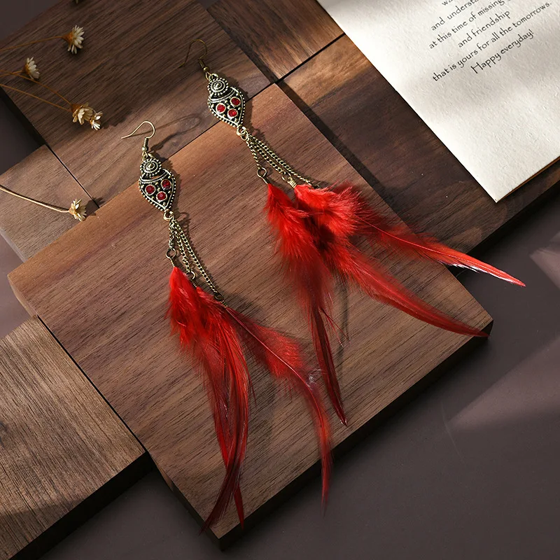 Boho Long Retro Feather Exaggerated Earrings Women Thailand Indian Drop-shaped Rhinestone Chain Tassel Earrings Wedding  Jewelry