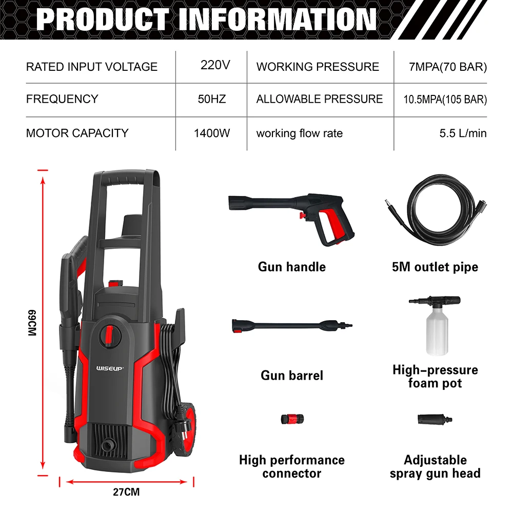 WISEUP 1400W High Pressure Washer Electric Pressure Cleaner Portable Cars Washing Machine Adjustable Spray Nozzle Cleaning Tools