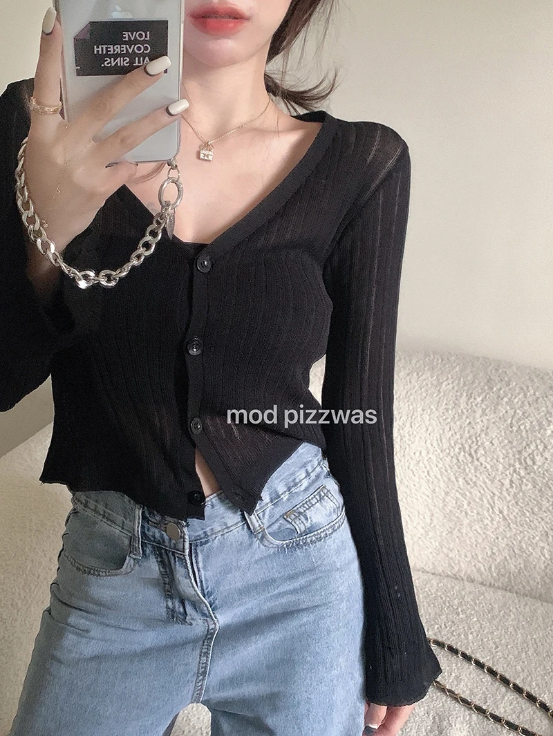 Solid Women\'s Thin Shirt Jacket Summer Crop Top Cardigan Knit Tops Hollow V-neck Loose Long Sleeved Sunscreen Tee Shirt Blusas