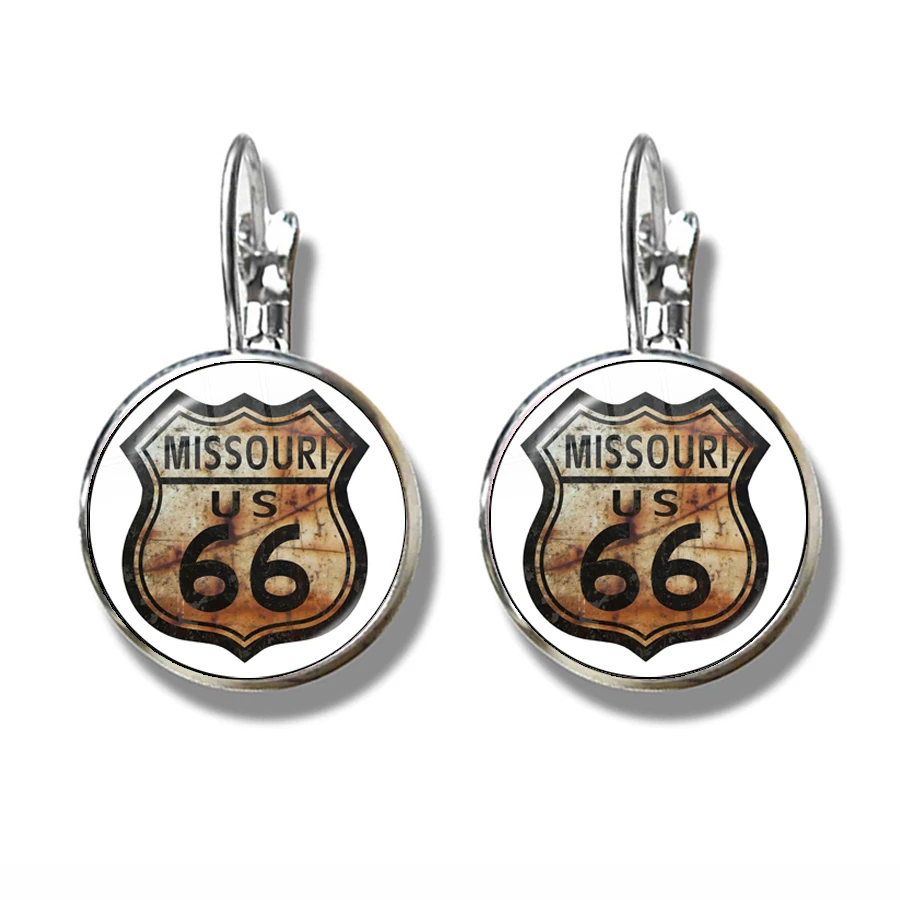 Fashion Motorcycles Pattern French Hook Earrings US Flag Route 66 Design 16mm Glass Cabochon Jewelry For Women Girls Gift