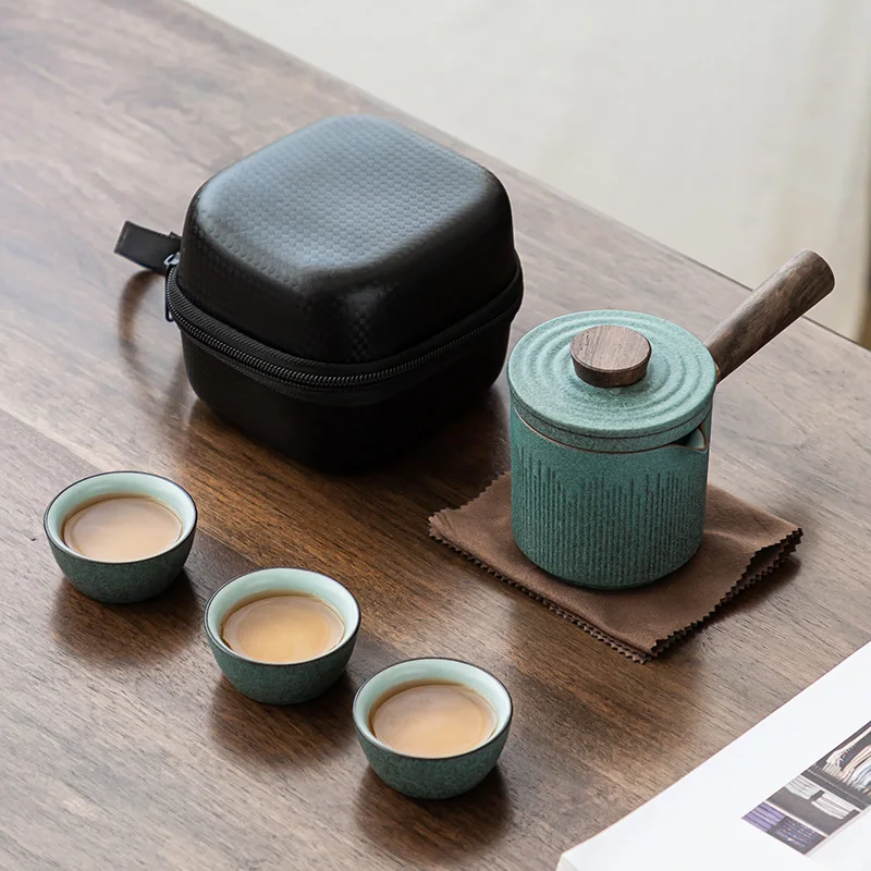 

LUWU green ceramic kyusu teapots with 3 cups a tea sets portable travel tea set drinkware