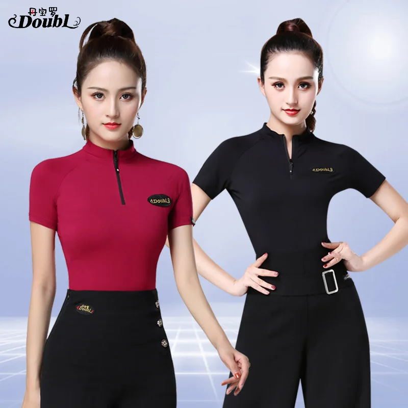 

Doubl Women Latin Dance Tops Yoga Clothes Shirt Short Sleeve Ballroom Dancing Practice Sexy Lady Zipper High Collar Performance