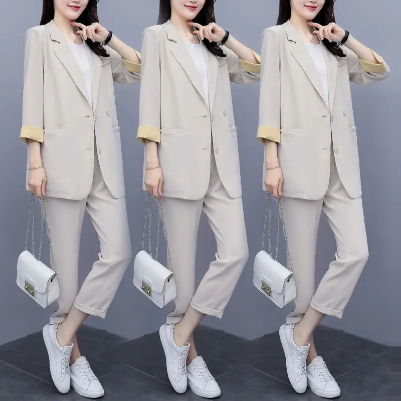 Vintage Women Pant Suit Women Casual Fashion Light Green Notched Blazer Jacket  Pant Office Wear Women Suits Female Sets