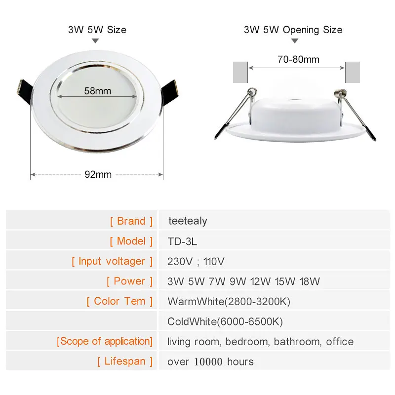 Luz empotrada Led 3W 5W 7W 9W 12W 15W 18W AC 220V 230V 110V lámparas de techo para baño sala de estar iluminación interior del hogar