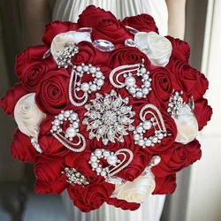 1pc/lot  Red Wedding Bouquet Gold Diamond Silver Diamond Pearl Decoration Bridal Wedding Bouquet Artificial Ribbon Rose Weddin