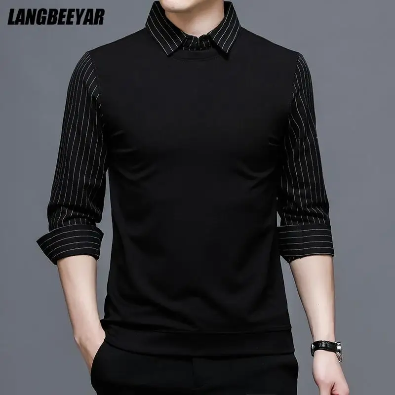 Top Grade Fake Two New Fashion Brand Slim Fit Black Striped Shirt For Men Fasion Long Sleeve Korean College Casual Mans Clothes