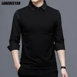 Top Grade Fake Two New Fashion Brand Slim Fit Black Striped Shirt For Men Fasion Long Sleeve Korean College Casual Mans Clothes