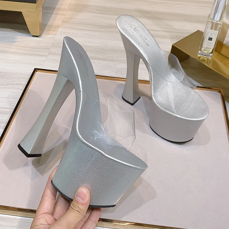 Female Transparent Slippers Thick Bottom Summer Fine Heel 17CM Slippers Female Waterproof Platform 7.5CM Non-slip Sexy High Heel