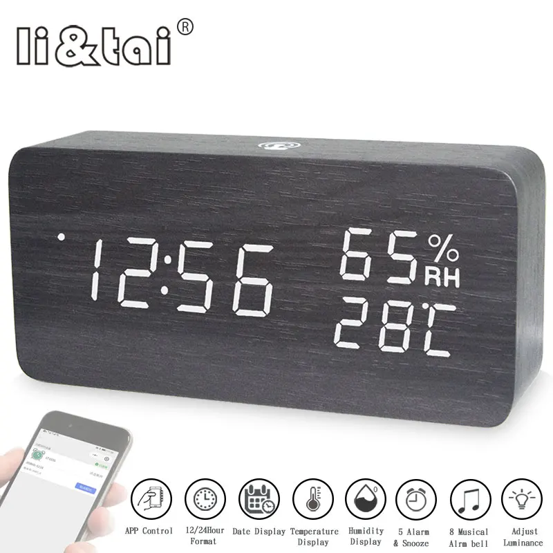 Modern wooden Led Alarm Clock sound APP control Temperature Humidity date Electronic Desktop Digital USB Battery Table Clocks