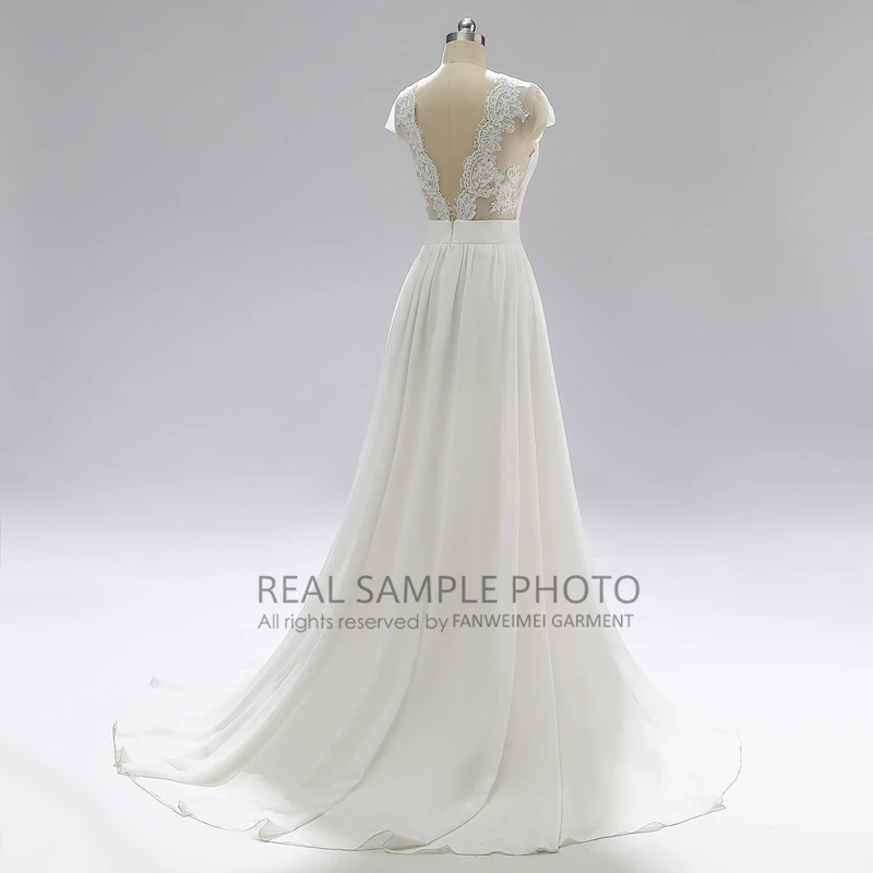 Scoop Neckline Cap Sleeve Klasik Renda Tulle Buka V Belakang Pesta Pernikahan Pengantin Gaun Pengantin Gaun Pengantin Foto Asli Pabrik