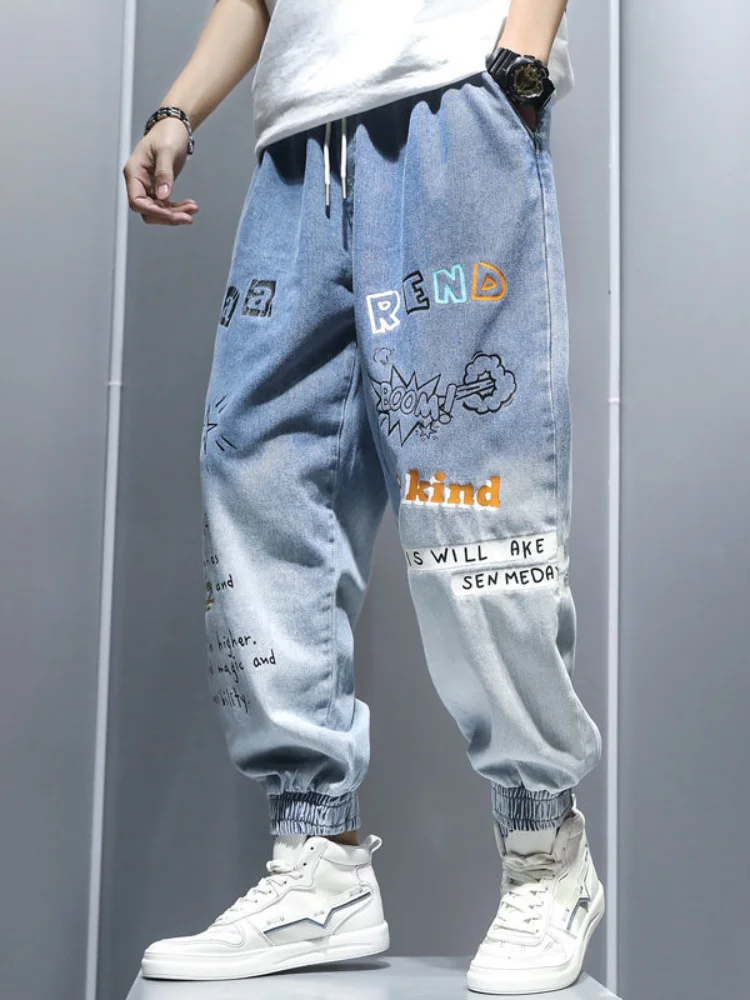 Graffiti Printing Jeans Men\'s Gradient Hip Hop Trousers Harem Cartoon Loose Casual Ankle Banded Pants Cargo Denim Jeans for Men