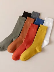 Men's 100% Cotton Thick Business Casual Socks Men Solid Color Harajuku Vertical Striped Deodorant Long Socks 5 Pair