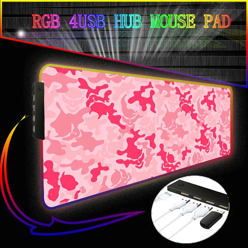 Pink Black Texture RGB 4 Port USB Hub Computer Mouse Pad Large Gaming Mousepad LED Gamer Mause Carpet 90X40 Desk Mat for CS LOL