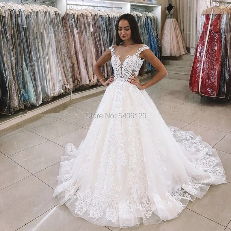 Vestidos de novia con mangas de casquillo y Espalda descubierta, vestido de baile de princesa transparente, Apliques de encaje románticos, vestidos de novia de tul, novedad de 2024