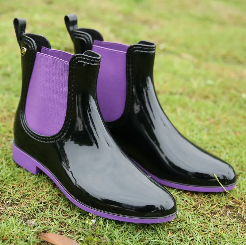 Womens Rainboots Waterproof Single Shoes Woman Mud Water Shoes Rubber Slip on PVC Elastic Ankle Boots Fashion Rain Boots