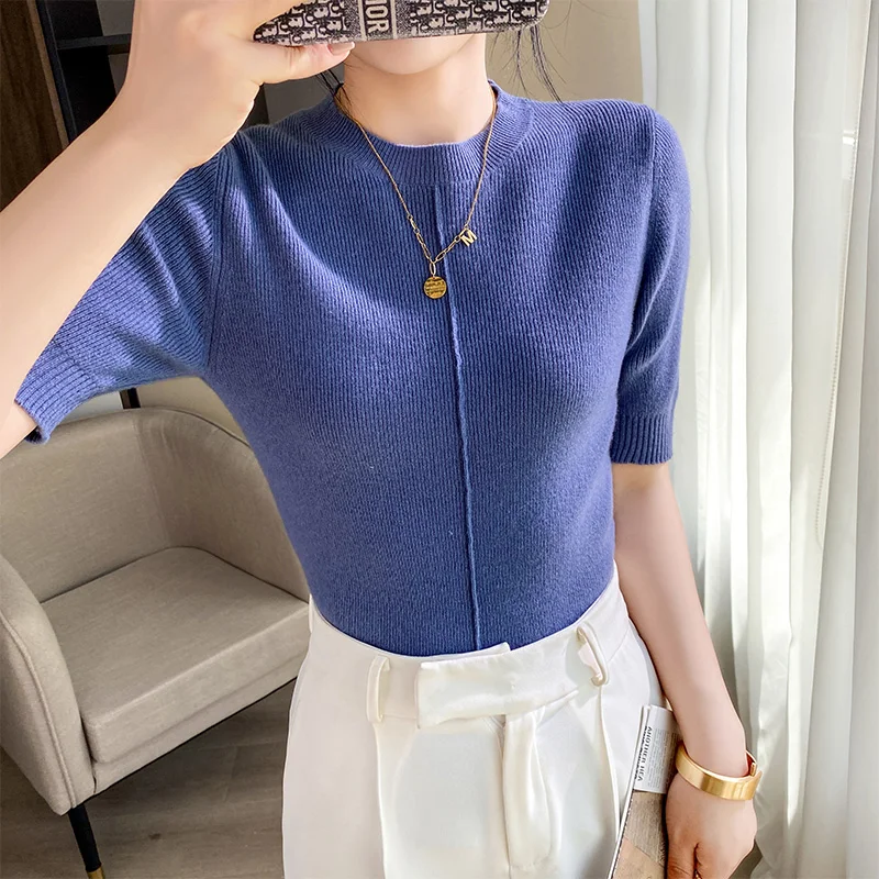 New Fashion Cashmere Sweater Women Knitted Short Sleeve Pullover Women Sweter Short Sleeve Mock Neck Tops