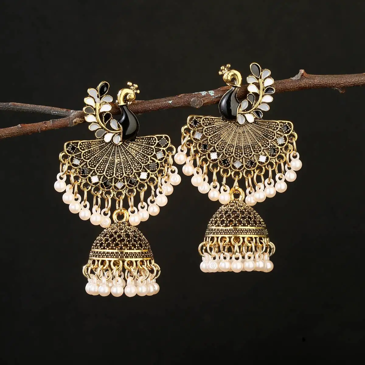 Vintage Antique Indian kapanie oleju paw Jhumki kolczyki damskie etniczne Boho Bollywood złoty kolor dzwony kolczyk