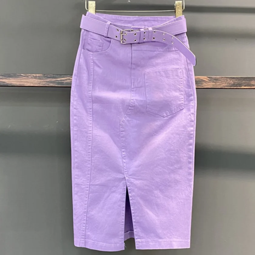 

2022 summer purple denim skirt women high waist package hip split step jeans skirt