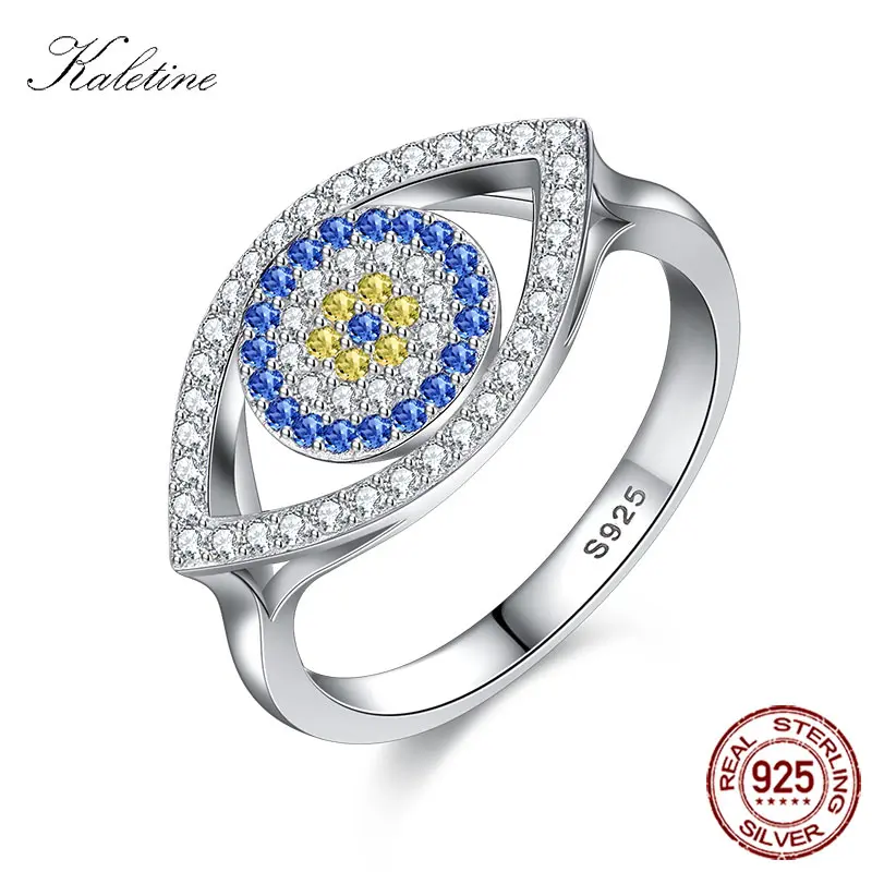 KALETINE Blue Evil Eye Ring 925 Silver Sterling Rings For Women Lucky Big Turkish Eyes Charm CZ Stone Ringlet Jewelry KLTR135