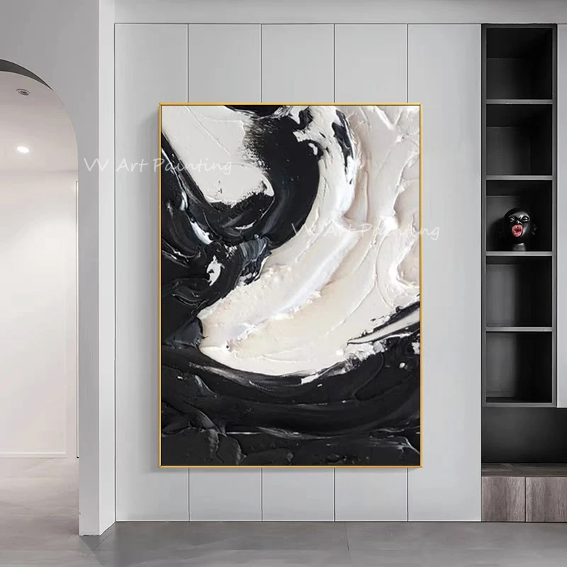 Handmade black and white thick knife Modern Original Water Thick Oil Painting Canvas Handpainted Textured Wall Artwork