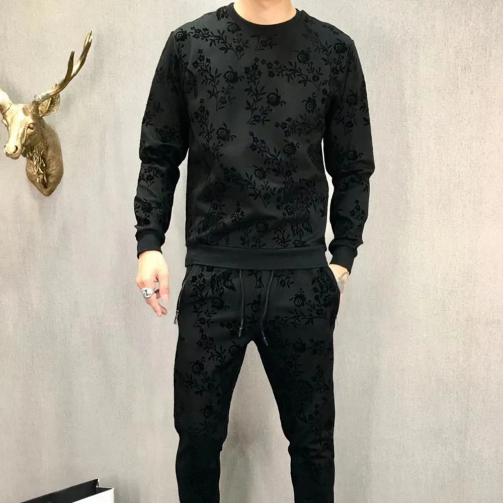 Hombre Completo Chandal 2020 Black Men's Set Casual Flower Printed Mens Tracksuit 2 Piece Set Sweatshirt And Pants Suits Sets