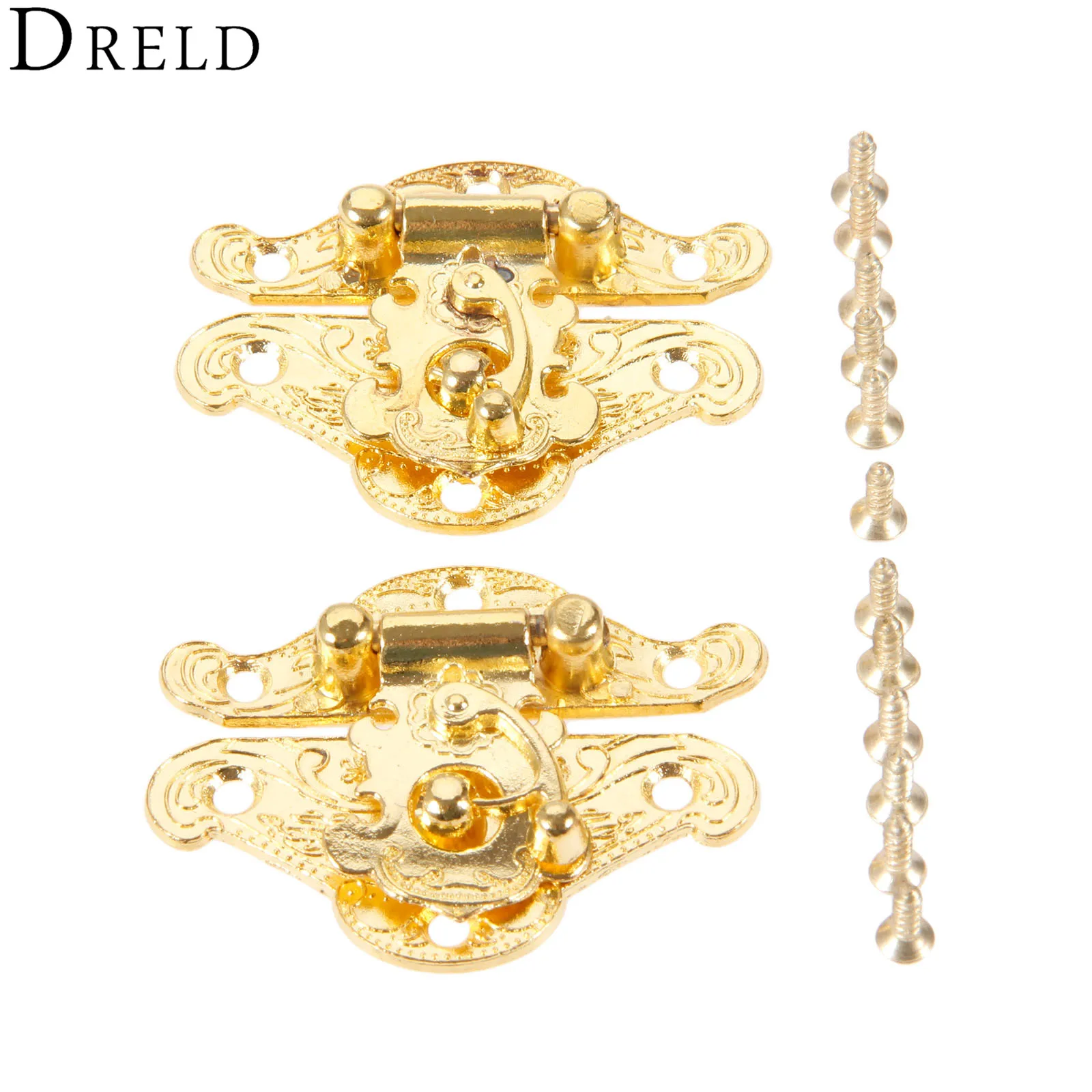 DRELD 2Pcs Antique Gold Box Latch Hasps Lock Catch Latches Furniture Hardware for Jewelry Box Suitcase Buckle Clip Clasp 38*49mm