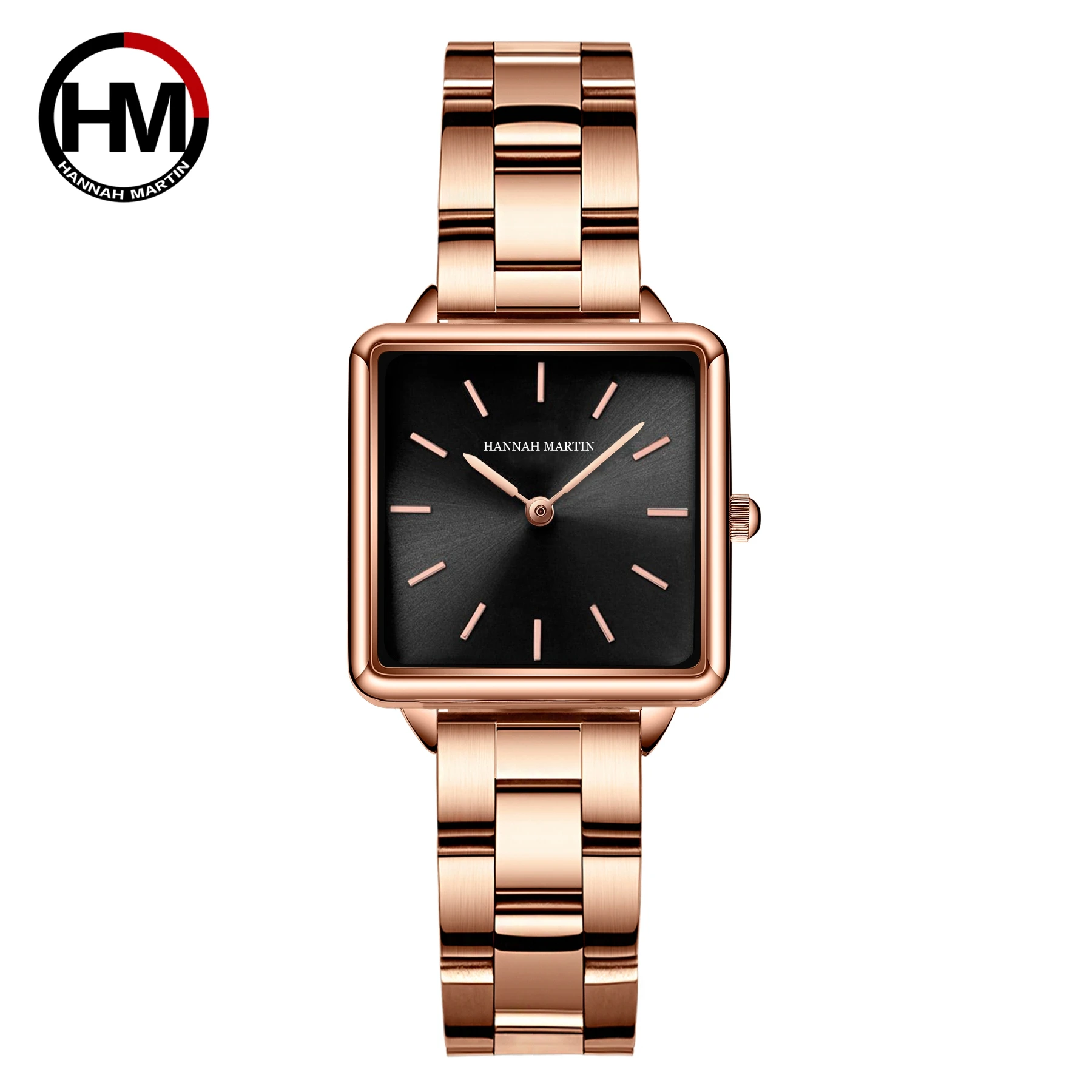 Hannah Martin New Full Solid Stainless Steel Square Dial Japan Movement Quartz Gift Rose Gold Ladies Top Brand Watches for Women