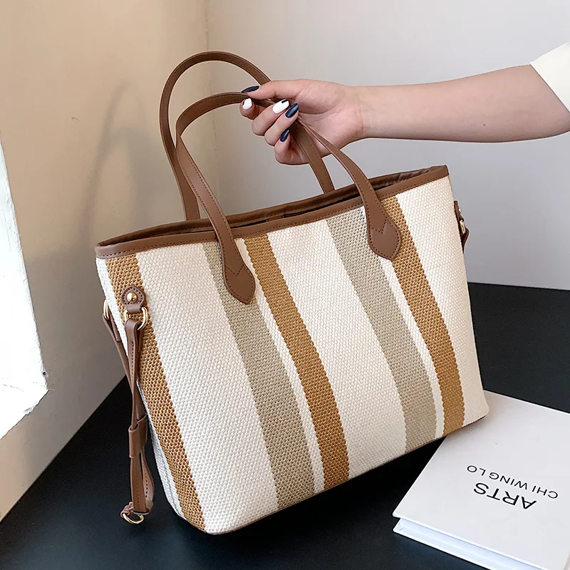 2 Pcs High Capacity Canvas Shoulder Bag For Beautiful Women 2021 Fashion Striped Handbags Female Travel Fashion Shopping Purses