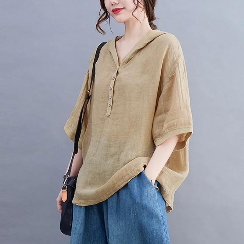 Women Summer Cotton Linen Hooded T-shirts New Arrival 2021 Simple Style Solid Color Loose Female Casual Tops Tees B391