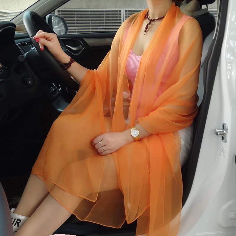 Korean Solid Color Transparent Sexy Thin Chiffon Beach Towel Sunscreen Shawl Women Summer Air Conditioning Ice Silk Scarf T63