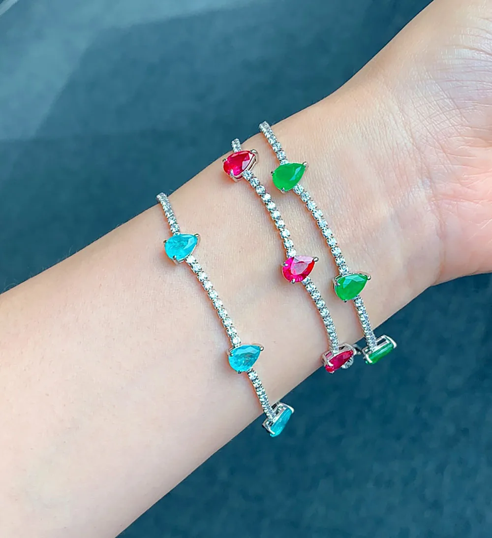 السحر الكمثرى على شكل الزمرد روبي Paraiba التورمالين حبلا أساور للنساء الأحجار الكريمة سلسلة سوار غرامة مجوهرات هدية عيد ميلاد #5