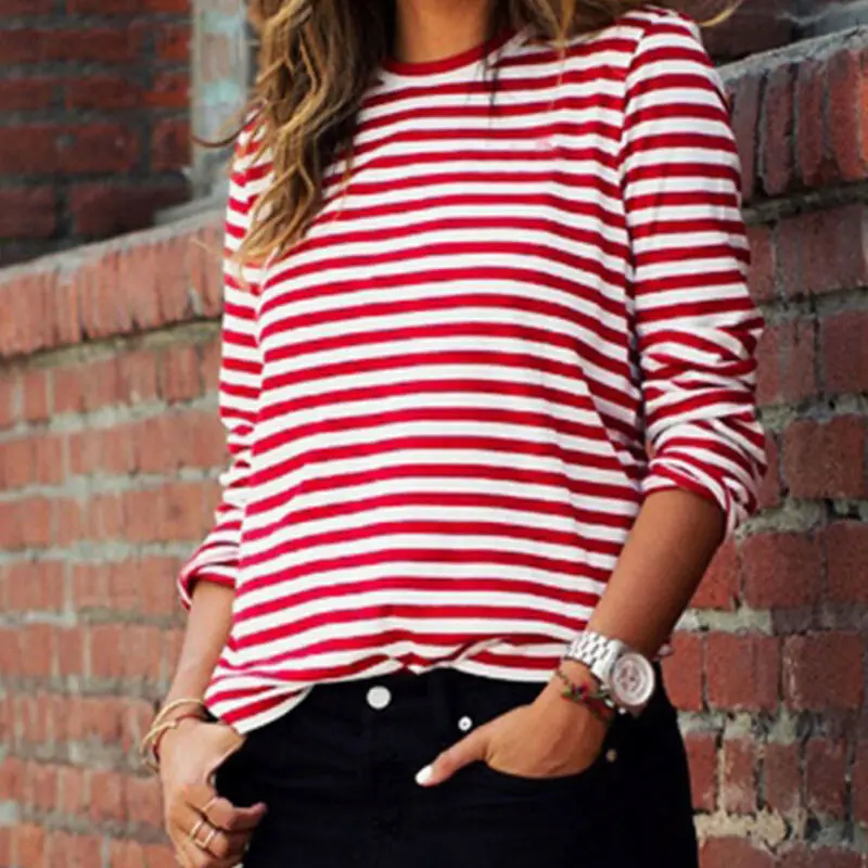 Women girls Red Striped Casual Autumn T-shirt fashion Loose Long Sleeve Summer Spring Basic Inner Tops