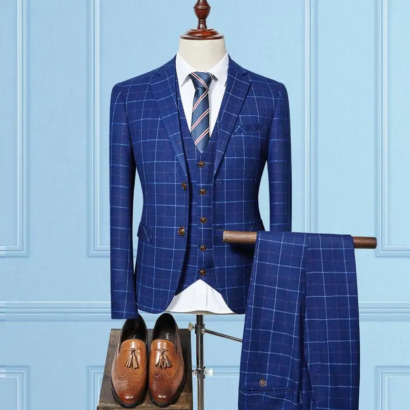 Trajes de boda a cuadros para hombre, esmoquin de buena calidad con un solo botón, 3 piezas (chaqueta + pantalón + chaleco)